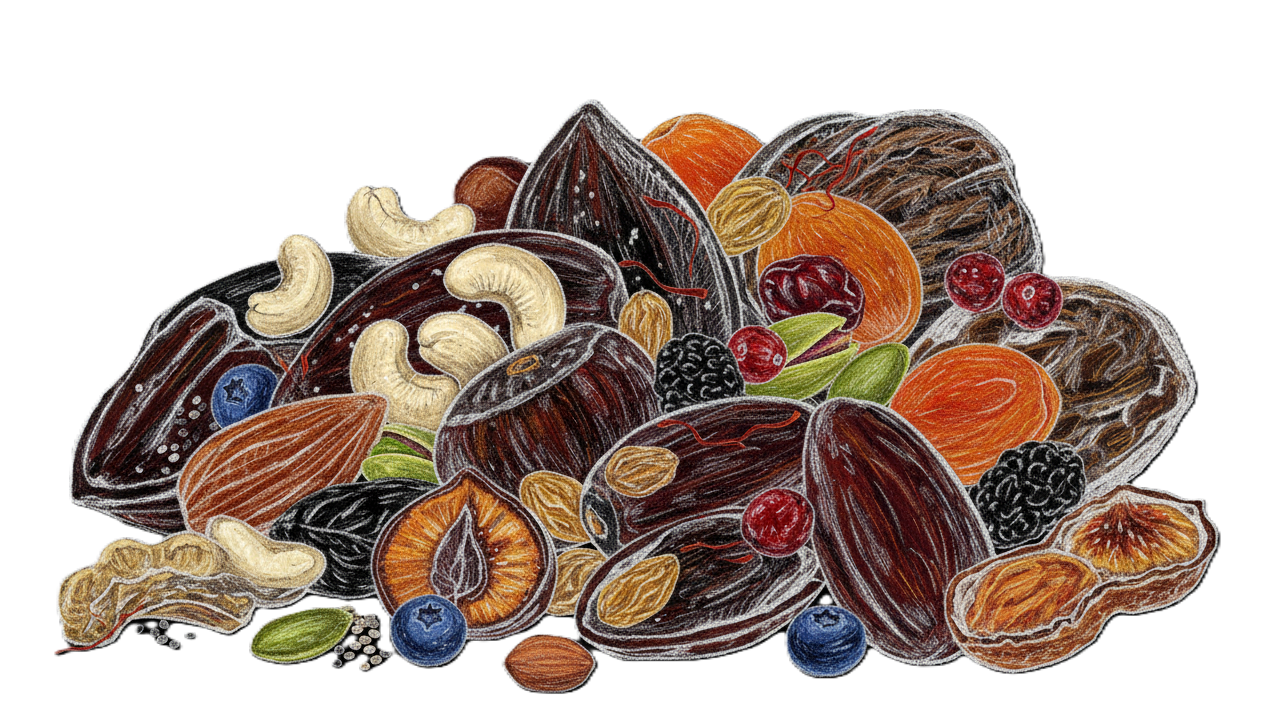 Premium Kashmiri dry fruits collection including almonds, cashews, walnuts, dates, and pistachios - Hand-drawn illustration